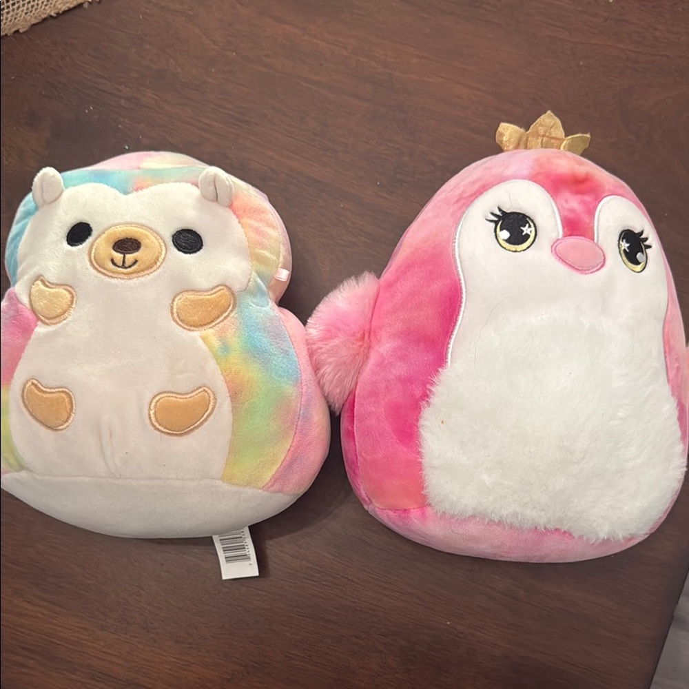 Squishmallows rainbow and Cream hedgehog and Pink Penguin Stuffed Animals Set
